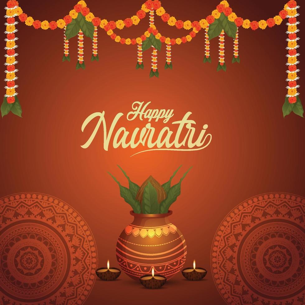 Shubh navratri celebration greeting card and background with golden kalash vector