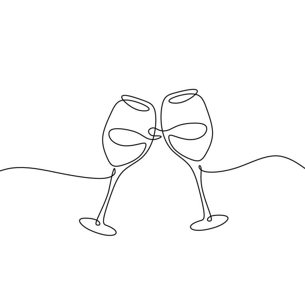 dibujo continuo de una línea de dos copas de vino animando momentos de celebración aislados sobre fondo blanco. vector