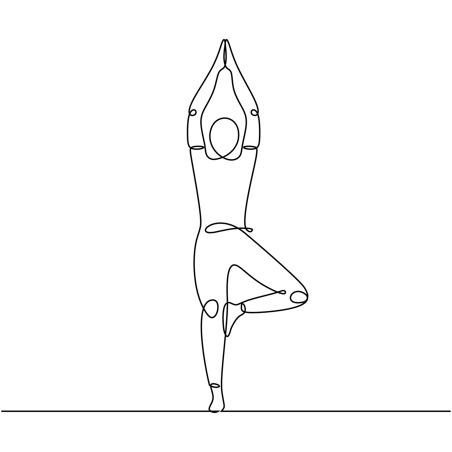 continuous line drawing of man standing in yoga pose with arms