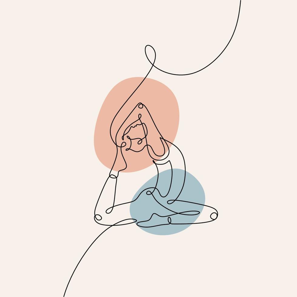 continuous line drawing of women fitness yoga concept. Woman doing yoga with hand holding her leg with blue and pink color. vector