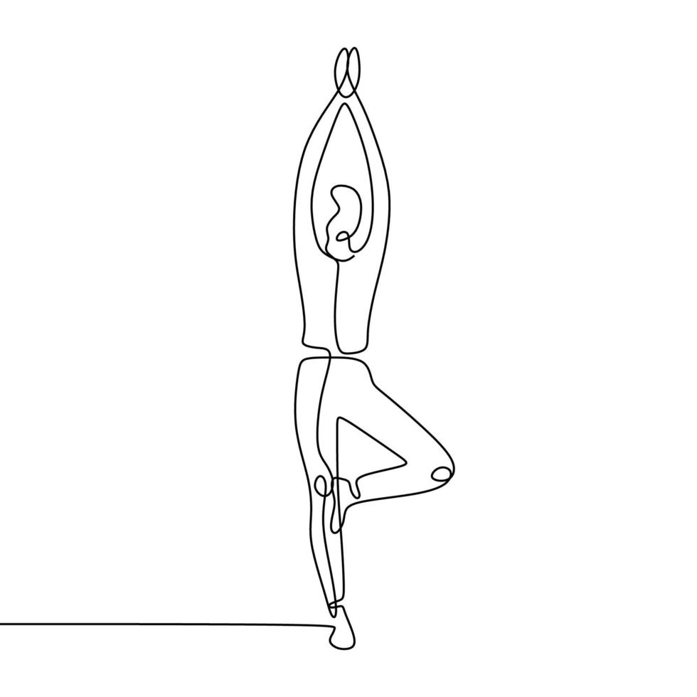 dibujo de línea continua del hombre de pie en pose de yoga con los brazos por encima de la cabeza. dibujo de línea continua del concepto de yoga fitness para mujeres día internacional del yoga. vector