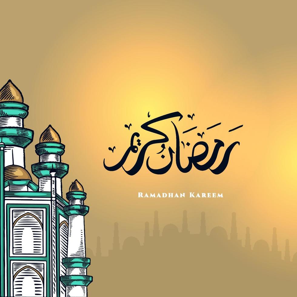 La tarjeta de felicitación de Ramadán Kareem con una gran mezquita verde y caligrafía árabe significa acebo Ramadán. boceto dibujado a mano elegante diseño. vector