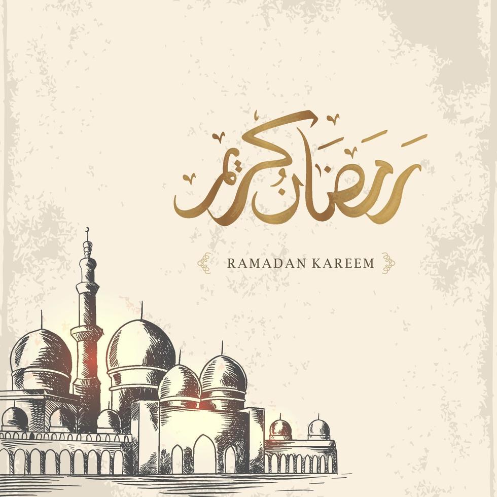 La tarjeta de felicitación de Ramadán Kareem con un gran dibujo de mezquita y caligrafía árabe dorada significa Ramadán de acebo. boceto dibujado a mano elegante diseño aislado sobre fondo blanco. vector