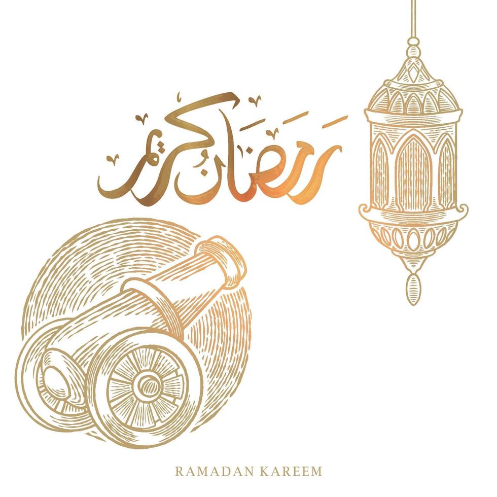 Tarjeta de felicitación de Ramadán Kareem con boceto de linterna y artillero y caligrafía árabe significa Ramadán de acebo. Ilustración de vector dibujado a mano vintage aislado sobre fondo blanco.