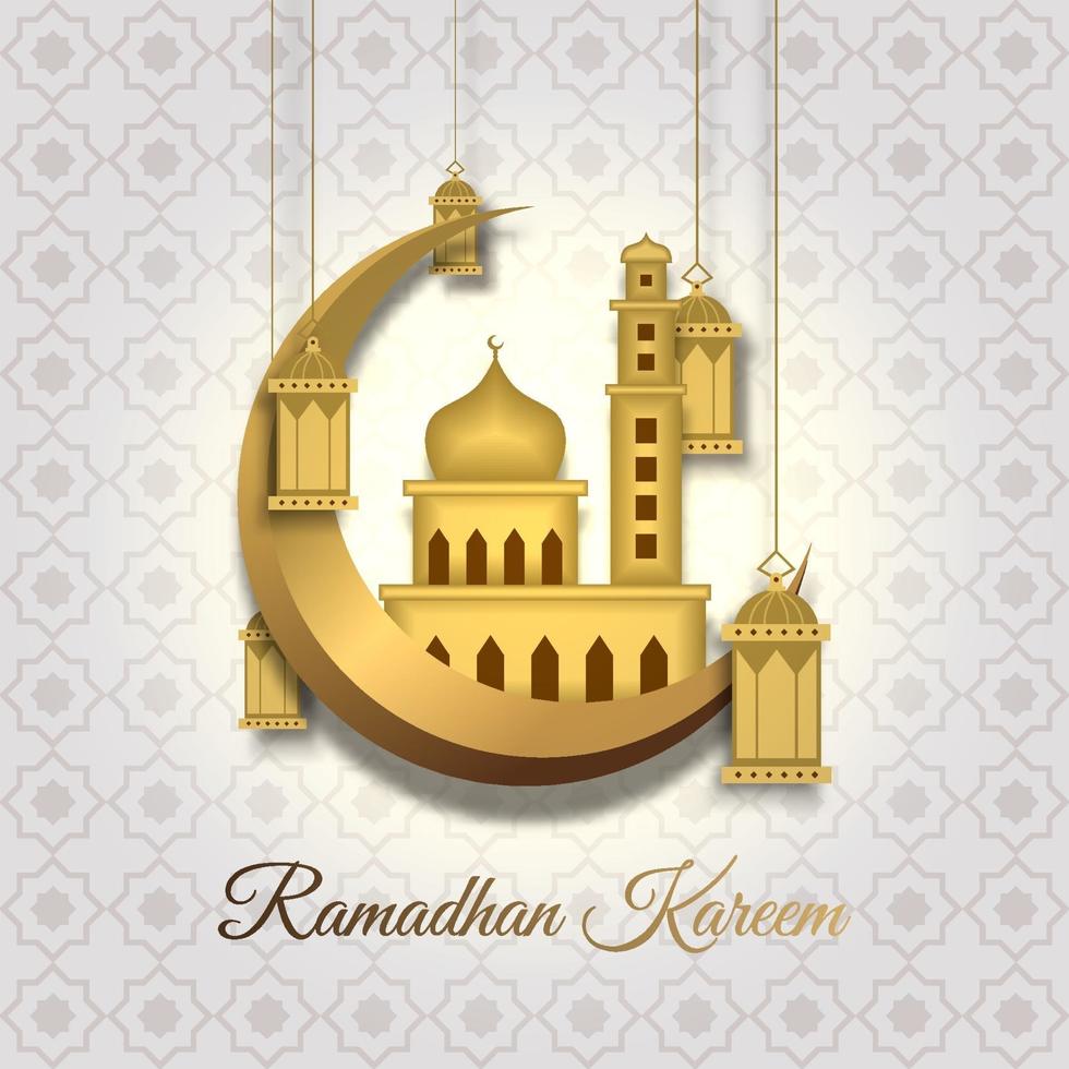 Ramadan Kareem greeting card with golden big mosque in golden crescent, hanging lantern and Arabic calligraphy means Holly Ramadan. Hand drawn sketch elegant design Isolated on white background. vector