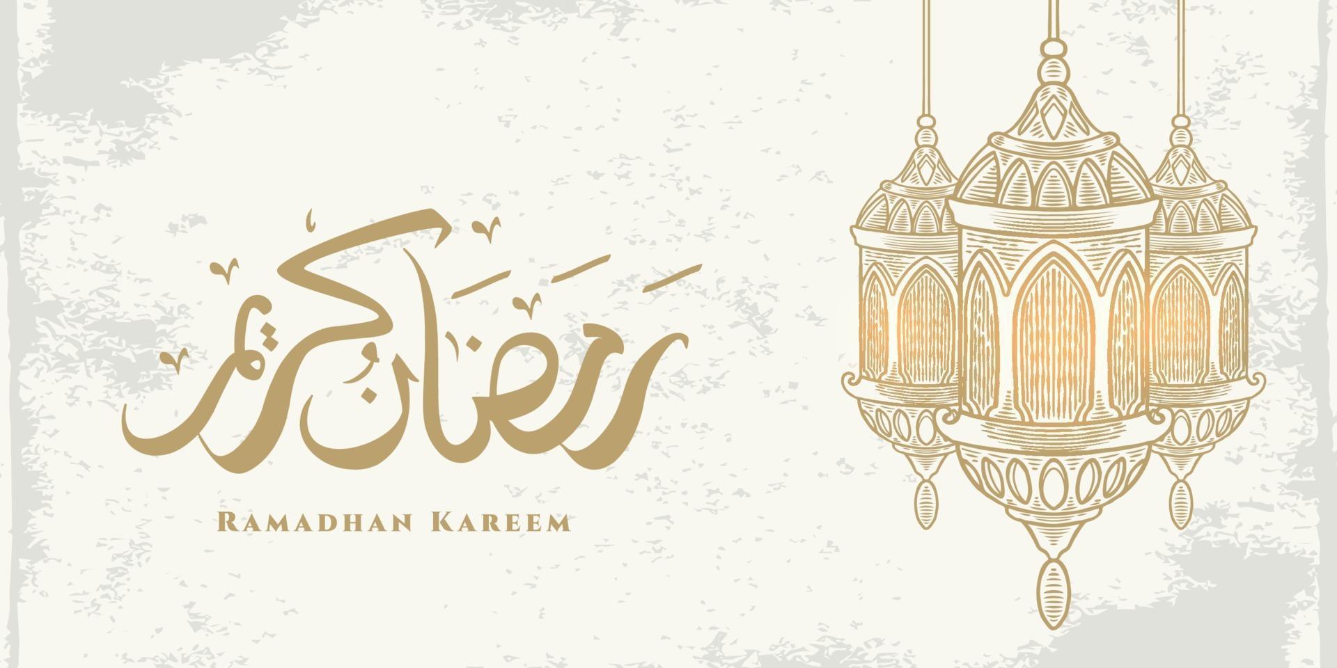 Ramadan Kareem greeting card with big lantern and golden arabic calligraphy means Holly Ramadan. Sketch hand drawn style Isolated on white background. vector