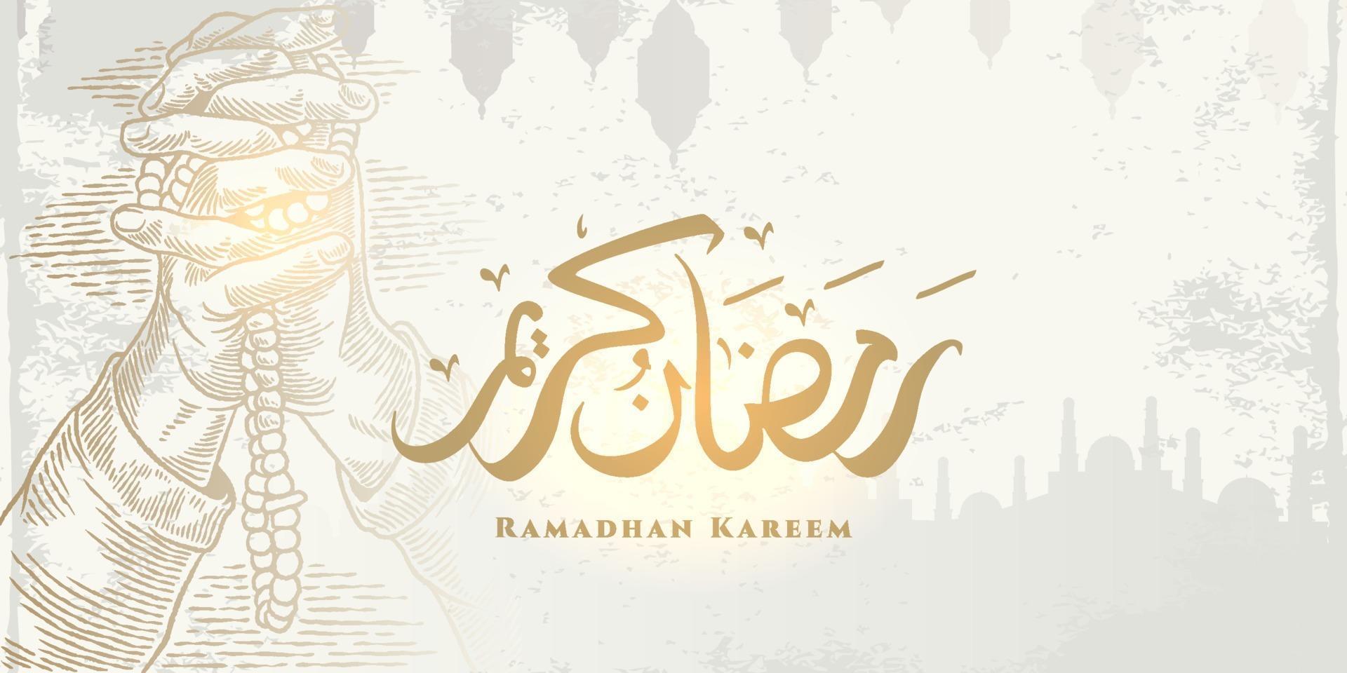 Ramadan Kareem greeting card with big mosque, hand praying sketch and Arabic calligraphy means Holly Ramadan. Hand drawn sketch elegant design Isolated on white background. vector