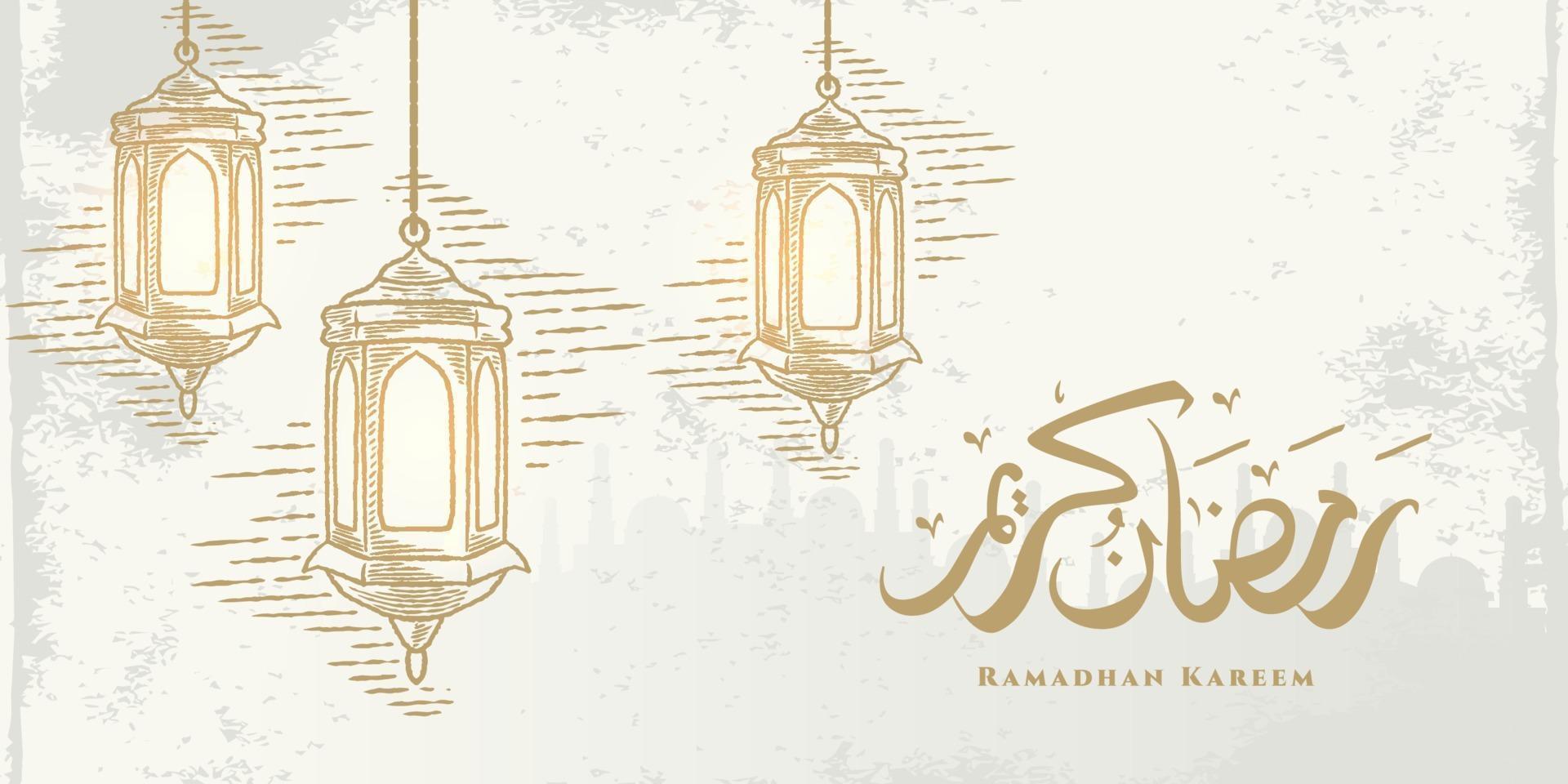 Ramadan Kareem greeting card with hanging golden lanterns sketch and Arabic calligraphy means Holly Ramadan. Hand drawn sketch elegant design isolated on white background. vector