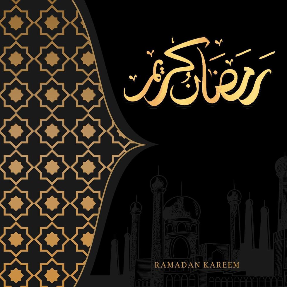 La tarjeta de felicitación de Ramadán Kareem con mezquita y caligrafía árabe significa acebo Ramadán. escena nocturna sobre fondo oscuro. vector