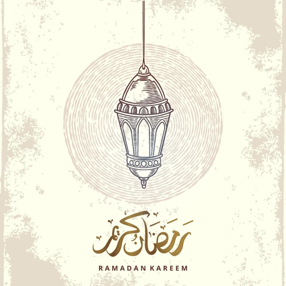 Ramadan Kareem greeting card with lantern sketch and arabic calligraphy means Holly Ramadan. Vintage hand drawn vector illustration Isolated on white background.