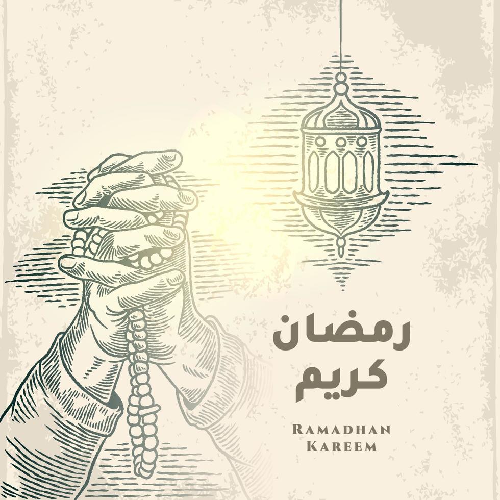 Tarjeta de felicitación de Ramadán Kareem con dibujo de mano rezando, dibujo de linterna y caligrafía árabe significa Ramadán de acebo aislado sobre fondo blanco. vector