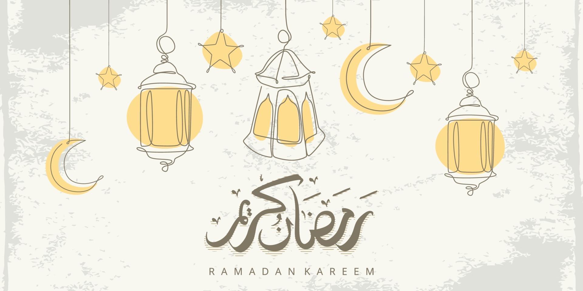 La tarjeta de felicitación de Ramadán Kareem con adornos islámicos de una línea y caligrafía significa Ramadán de acebo. Ilustración de vector dibujado a mano vintage aislado sobre fondo blanco.