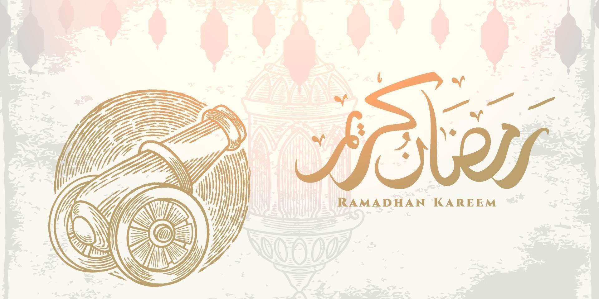 Ramadan Kareem greeting card with golden gunner sketch, hanging lantern and arabic calligraphy means Holly Ramadan. Sketch hand drawn style Isolated on white background. vector