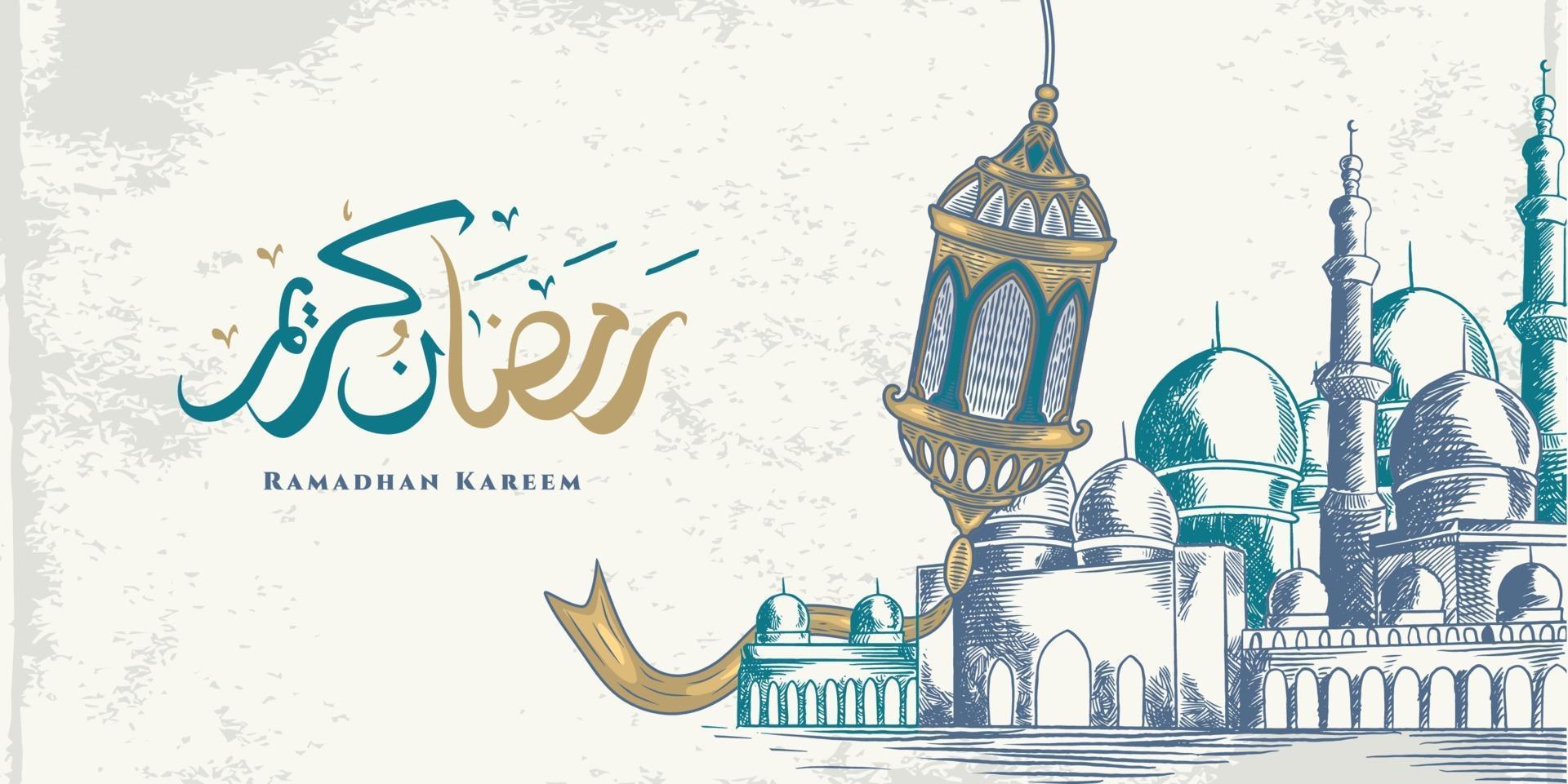 La tarjeta de felicitación de Ramadán Kareem con una gran linterna, una gran mezquita y caligrafía árabe significa acebo Ramadán. boceto dibujado a mano elegante diseño aislado sobre fondo blanco. vector