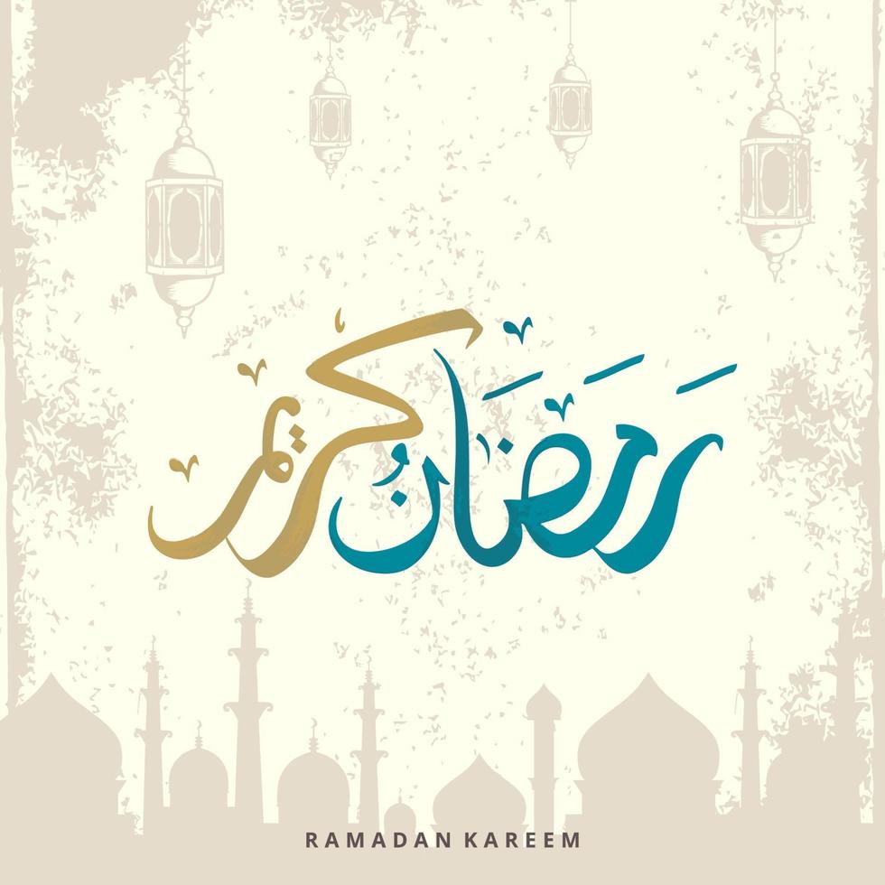 Ramadan Kareem greeting card with lantern and mosque element and arabic calligraphy means Holly Ramadan in blue and golden color. Hand drawn sketch elegant design. vector