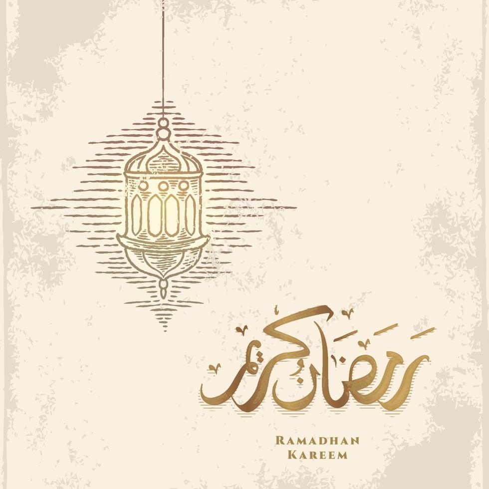 Ramadan Kareem greeting card with golden lantern sketch and arabic calligraphy means Holly Ramadan. Vintage hand drawn isolated on white background. vector