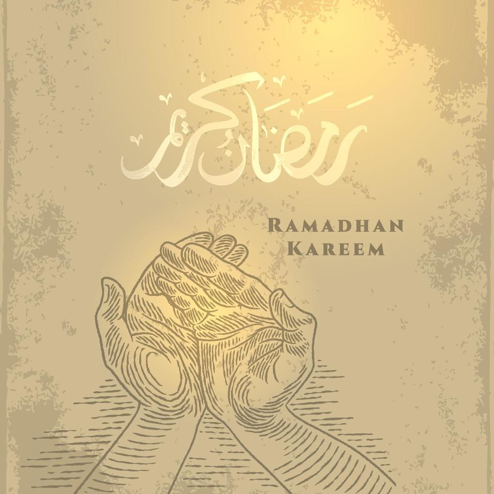 Ramadan Kareem greeting card with praying hand sketch and arabic calligraphy means Holly Ramadan. vector