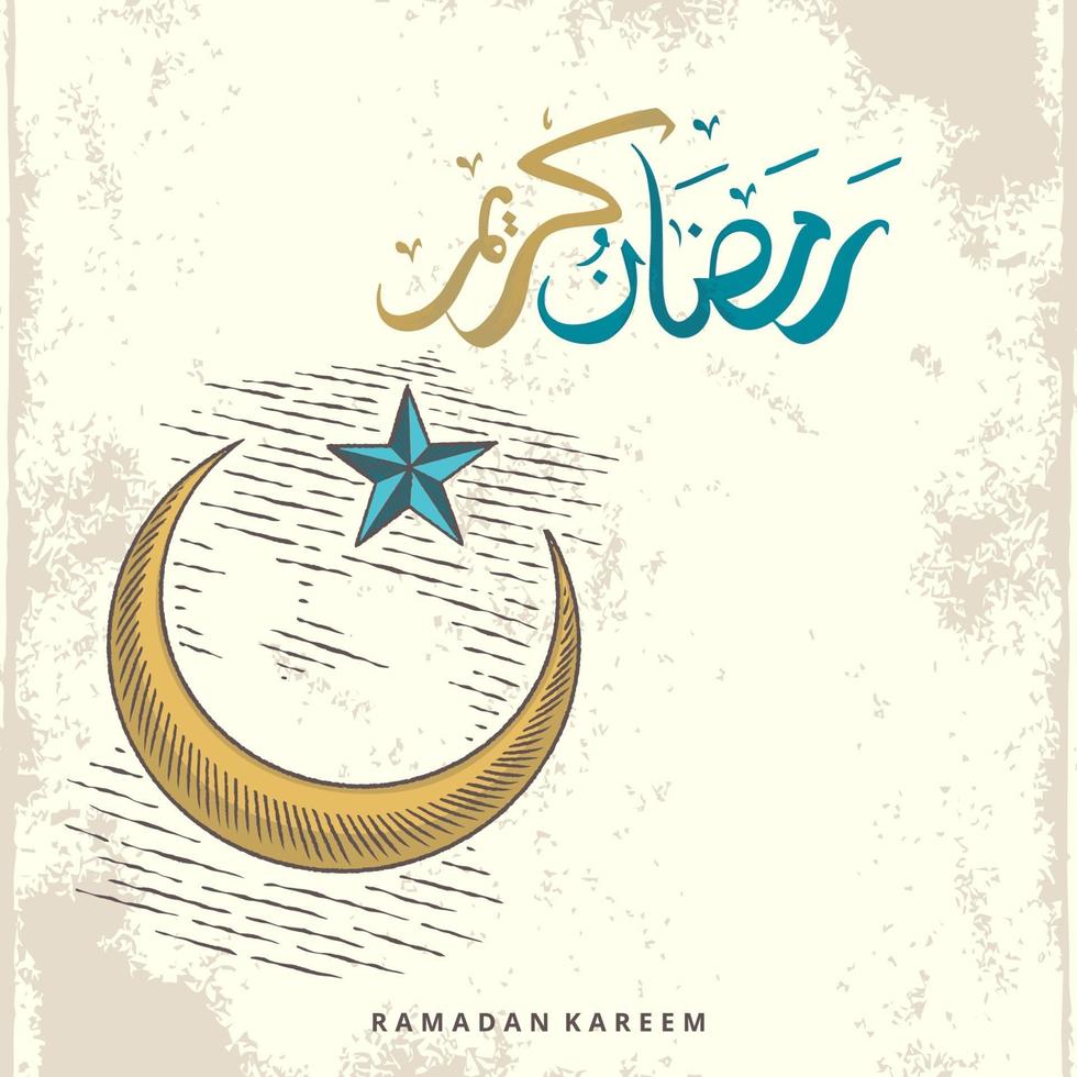 Ramadan Kareem greeting card with golden crescent and Arabic calligraphy means Holly Ramadan. Hand drawn sketch elegant design Isolated on white background. vector