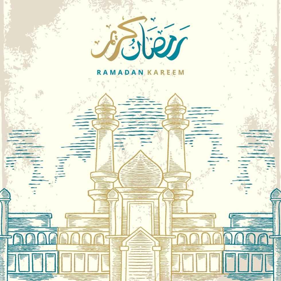 Tarjeta de felicitación de Ramadán Kareem con dibujo de mezquita grande dorada y azul y caligrafía árabe dorada significa Ramadán de acebo. boceto dibujado a mano elegante diseño aislado sobre fondo blanco. vector