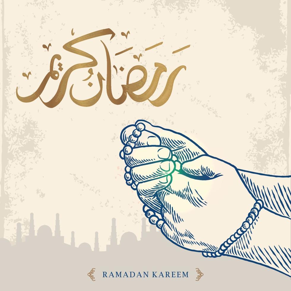 La tarjeta de felicitación de Ramadán Kareem con un bosquejo de la mano en oración azul y la caligrafía árabe dorada significa Ramadán de acebo. aislado sobre fondo blanco. vector