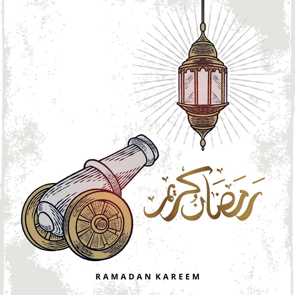 tarjeta de felicitación de Ramadán Kareem con linterna y artillero. La caligrafía árabe significa acebo ramadán. Ilustración de vector dibujado a mano vintage aislado sobre fondo blanco.