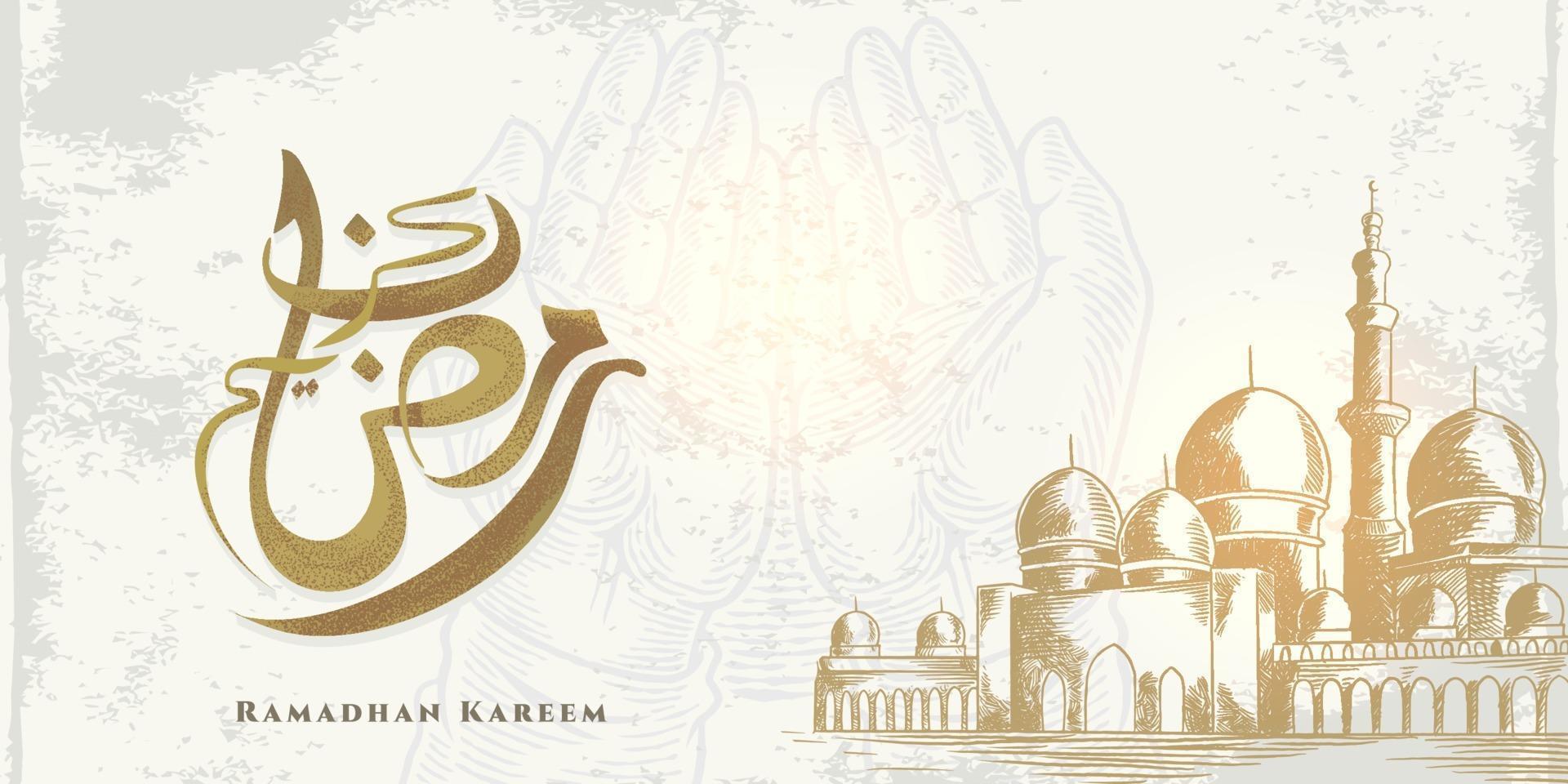 Ramadan Kareem greeting card with big mosque sketch and arabic calligraphy means Holly Ramadan isolated on white background. vector