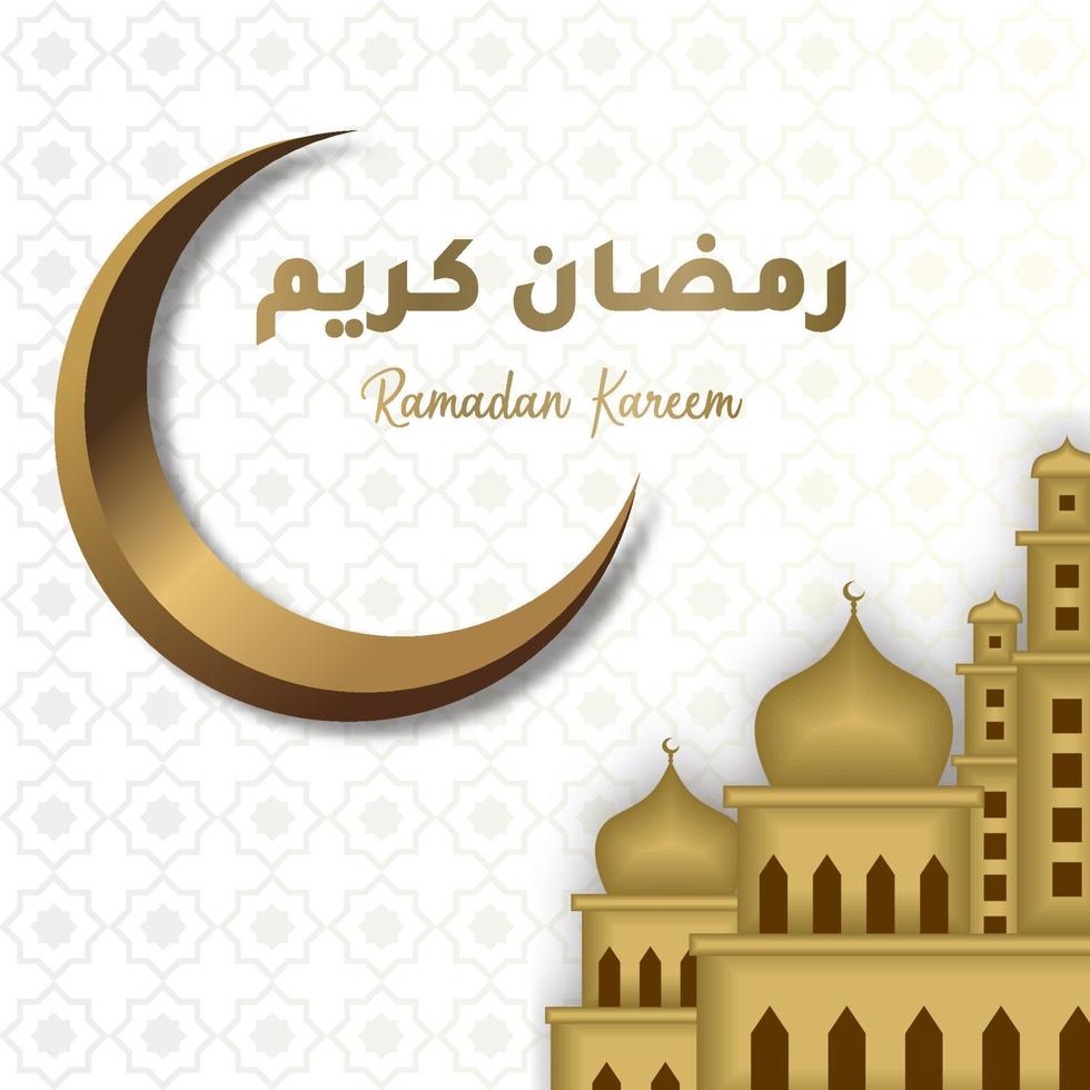 Ramadan Kareem greeting card with golden crescent, golden big mosque and Arabic calligraphy means Holly Ramadan. Hand drawn sketch elegant design Isolated on white background. vector