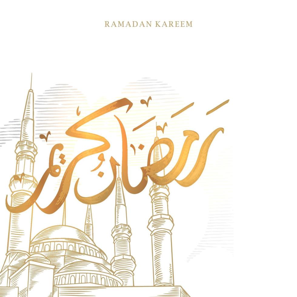 Ramadan Kareem greeting card with big mosque sketch and Golden Arabic calligraphy means Holly Ramadan. Hand drawn sketch elegant design Isolated on white background. vector