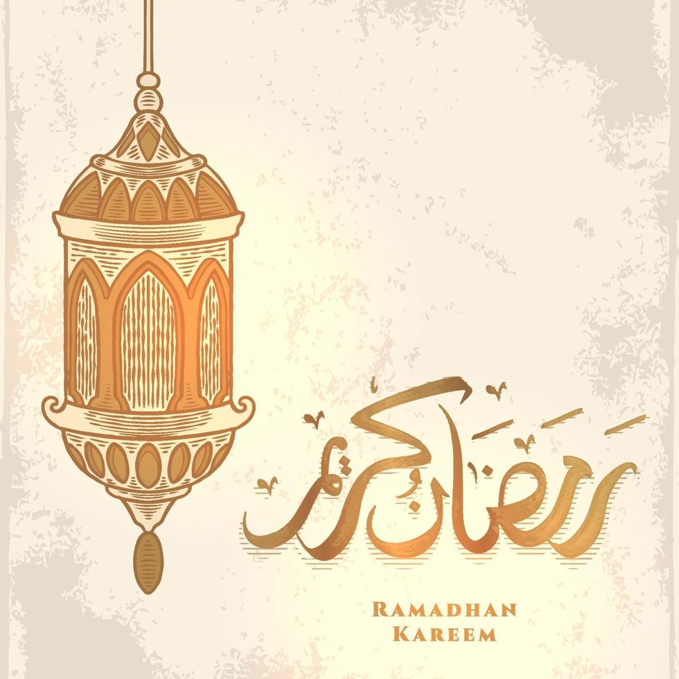 Ramadan Kareem greeting card with golden lantern and arabic calligraphy means Holly Ramadan . Vintage hand drawn isolated on white background. vector