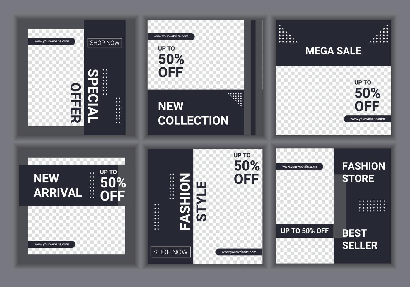 6 set collection of square layout templates design for social media post. Fashion and lifestyle blog templates, web banners, brochure designs with placeholder for photos. Vector promo sale background