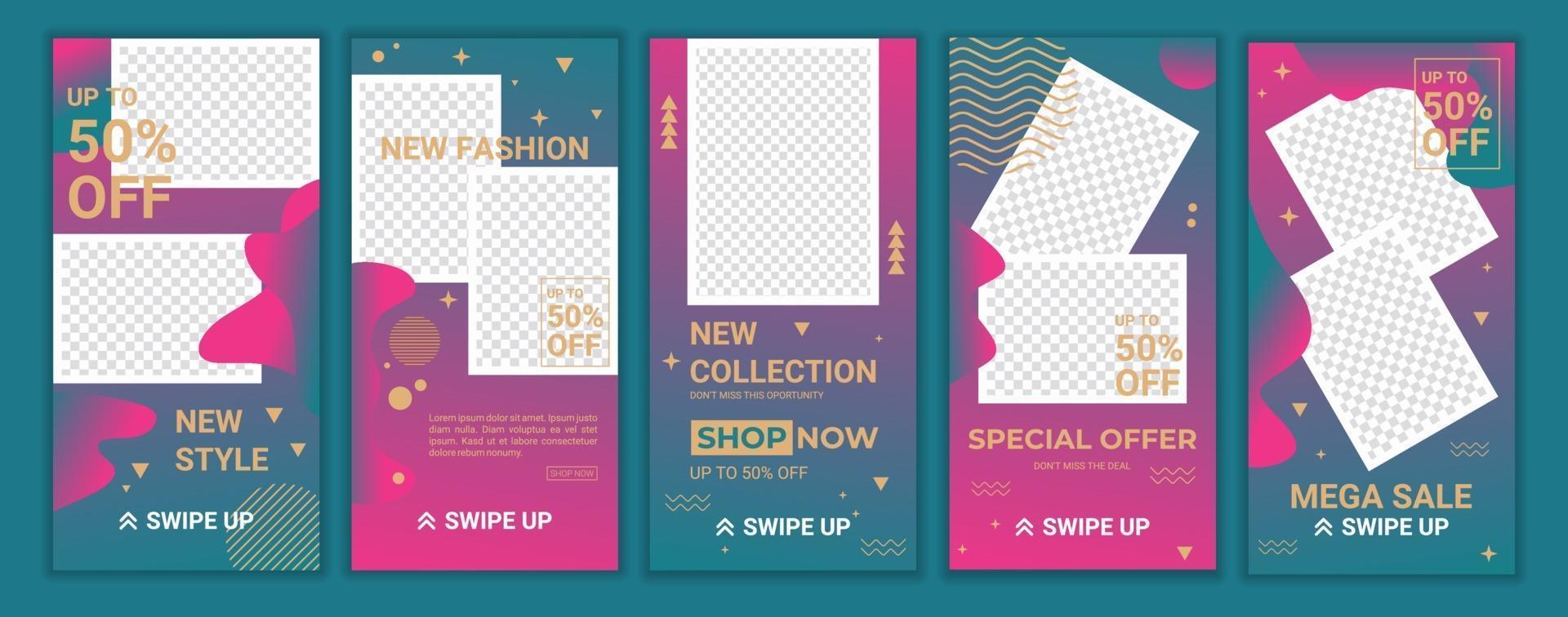 Trendy square abstract templates in gradient colors. Suitable for social media stories, mobile apps, coupon, banners design and web internet ads. Fashion clearance sale concept. Vector illustration.