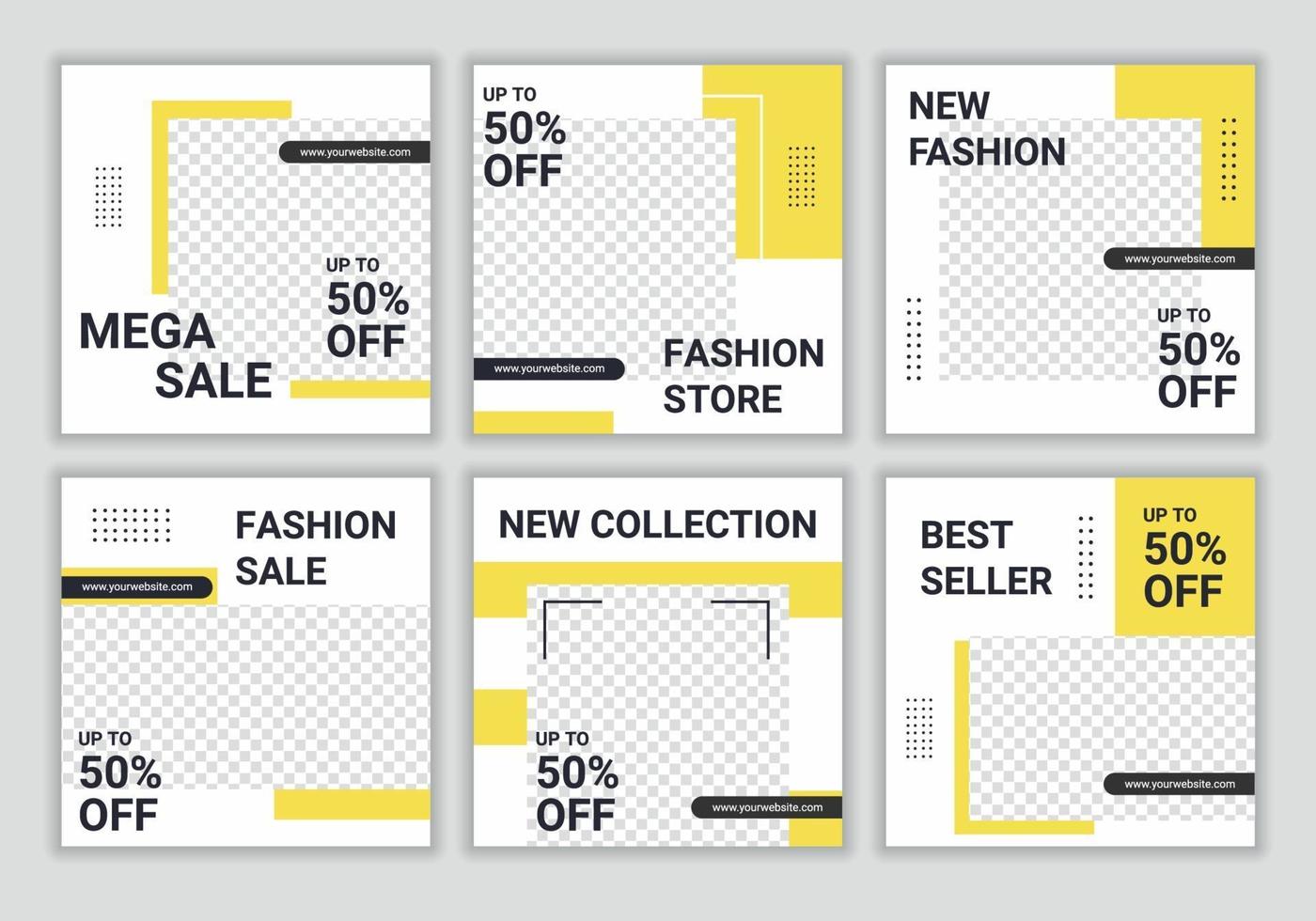 6 set of editable square banner template design for fashion sale post on social media post with light yellow and white combination color. Promotion brand fashion. Vector frame illustration