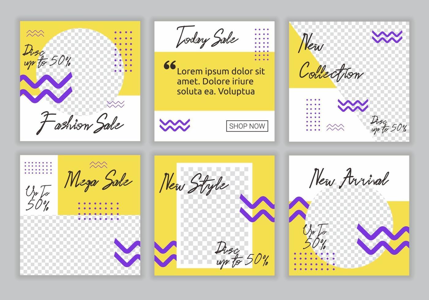 6 set colección de plantilla de banner cuadrado editable con color de fondo de combinación de color amarillo, morado y blanco con forma de línea de rayas. banner web promocional de venta de moda para publicación en redes sociales vector