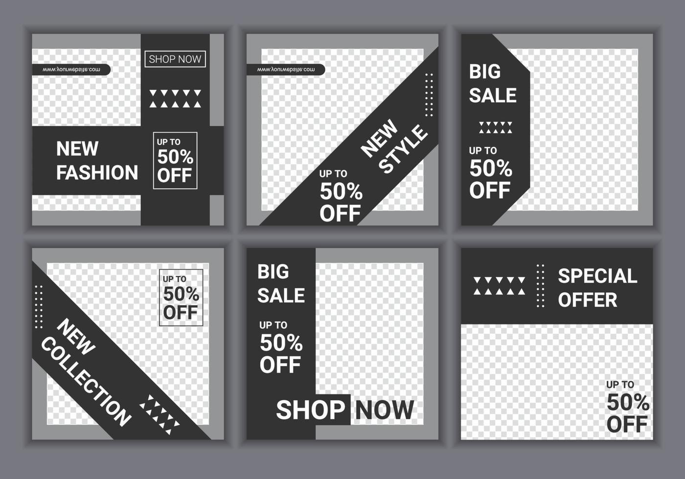 A set of six editable square templates for social media posts in gray and black elegant color. Fashion sale promotion, special offer and new arrival. Minimal design background vector illustration