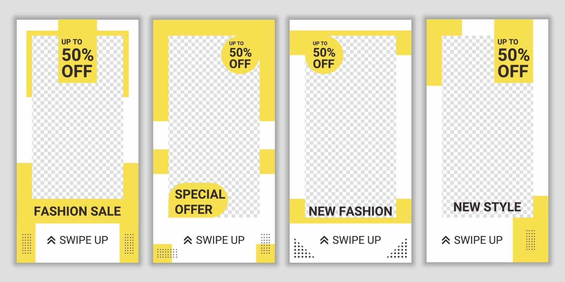 4 Set of fashion sale post social media template. Background design layout with light yellow and white color. Promotion Brand Fashion. White and Yellow background color shape vector illustration