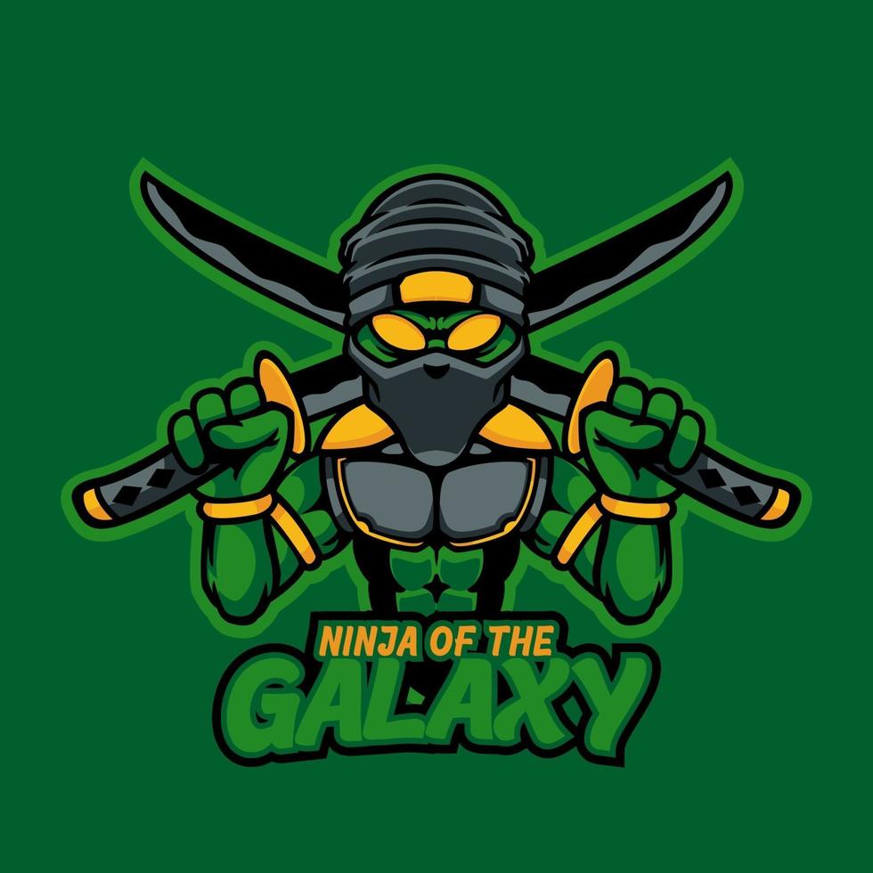 Ninja alien samurai head mascot logo for e-sport gaming and e-sport team. Cool ninja with two swords template logo design element. Green ninja alien professional gamer character. Vector illustration