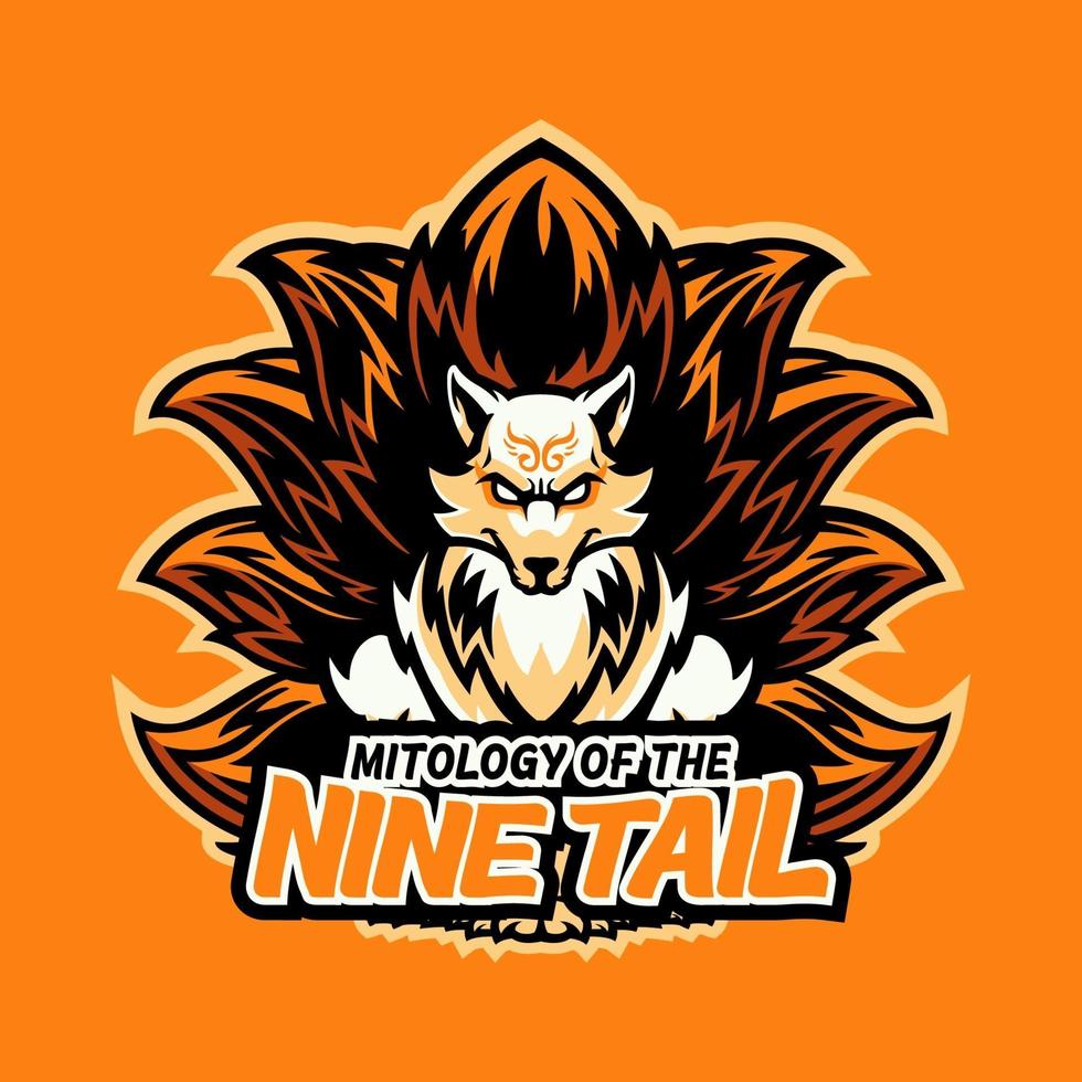 Fox head sports logo mascot design illustration for sport and e-sport or gaming team. Angry wild fox with nine tail mascot Sport wear typography emblem graphic, athletic apparel stamp. Vector