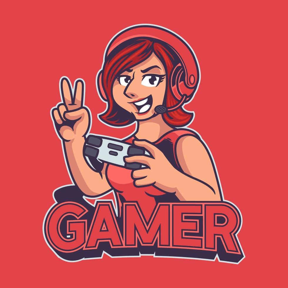 Gamer girl mascot gaming e-sport logo template. Beautiful ladies character with headphone and holding joystick isolated on red background. Sport illustration design for logo e-sport gaming team squad vector