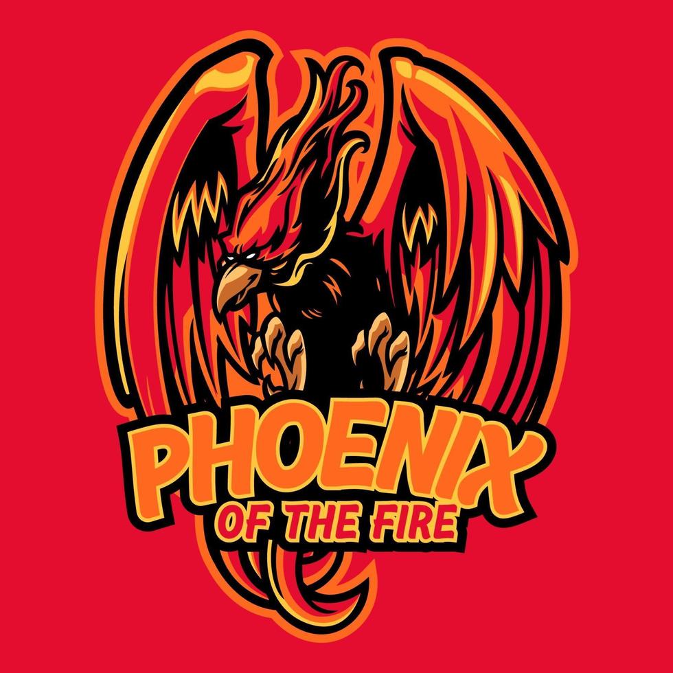 Phoenix on fire mascot character logo design. Red Phoenix mascot logo design for e-sport team squad. Mythology bird mascot vector illustration for gaming, esport, youtube, streamer and twitch