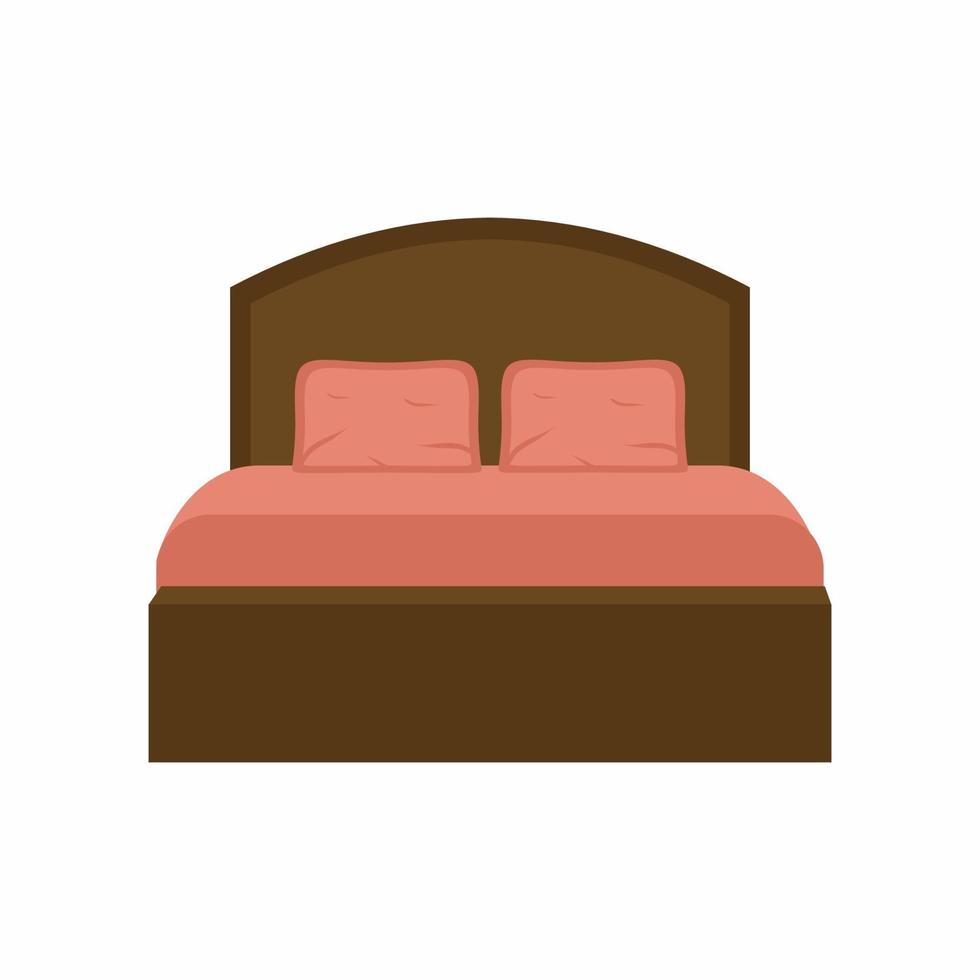 Double wooden bed in flat design for bedroom, hotel room. Cartoon furniture and equipment icon set isolated on white background. A place to sleep and relax. Apartment interior stuff. vector