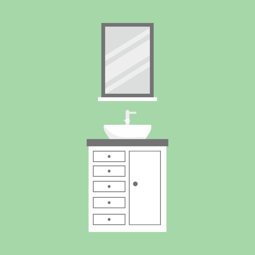 Mobiliario de higiene sanitaria de dibujos animados de baño baño con lavabo inodoro espejo grifo lavadora aislado sobre fondo verde claro. muebles de baño diseño moderno vector ilustración plana