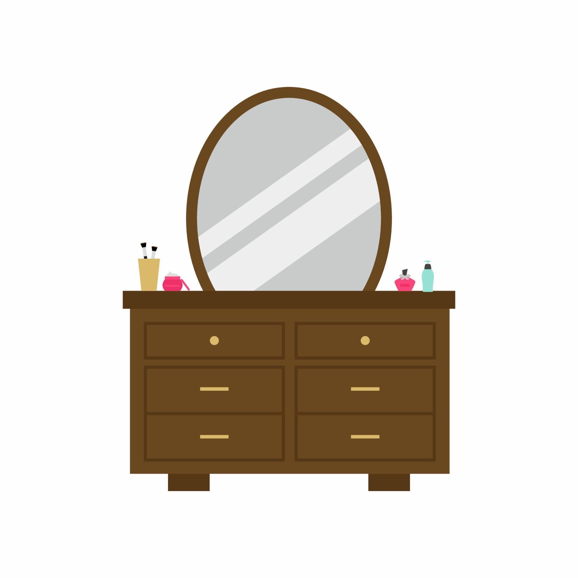tocador de mujer vintage con espejo ovalado, estanterías y cosméticos