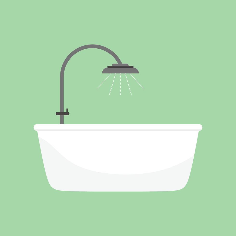 Shower taps and bathtub. Bathroom interior. Comfortable equipment for bathing and relaxing. Design modern bathroom vector flat cartoon illustration isolated on light green background