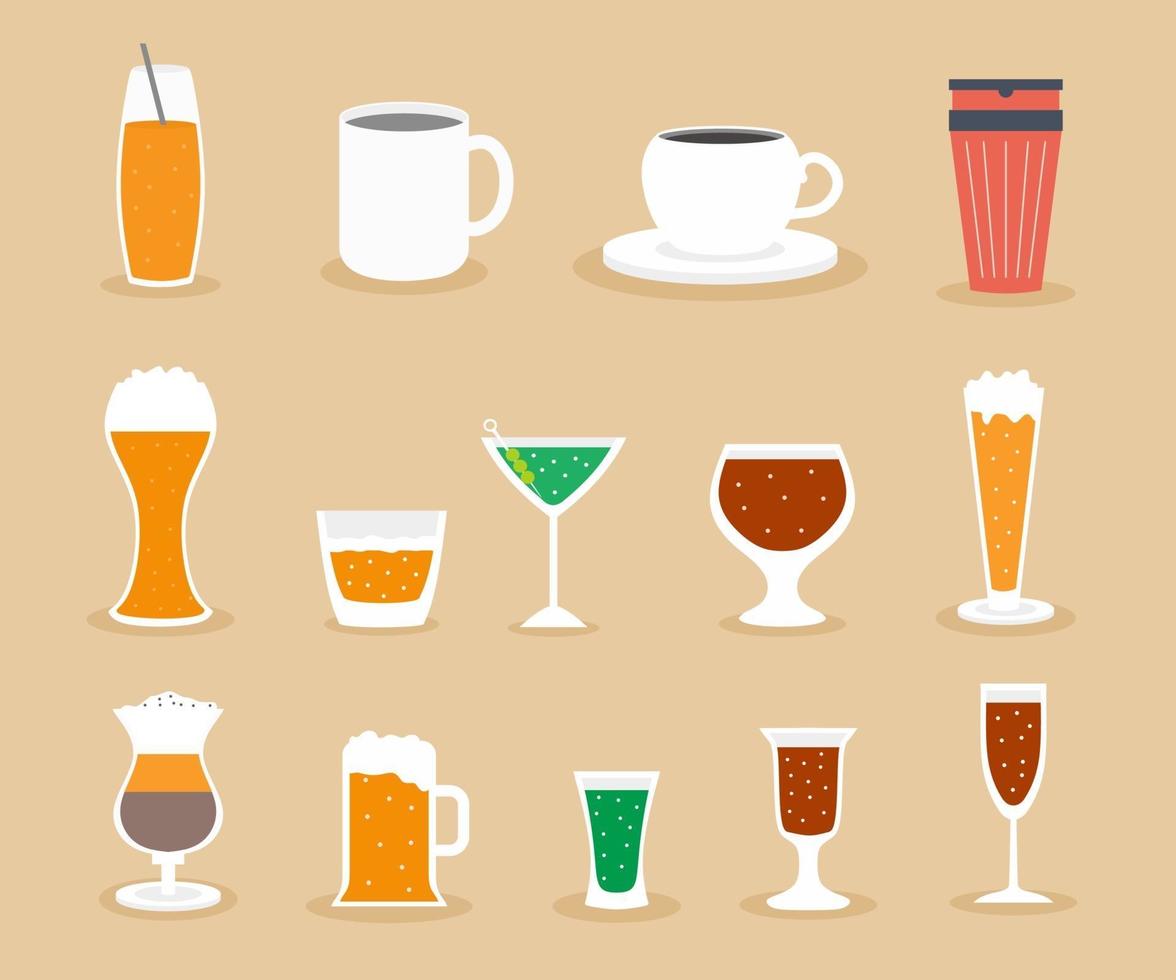 A collection of drink vector icons.  Tea, coffee, alcohol, wine, beer, mineral water, fizzy water, smoothie, cocktail, juice.