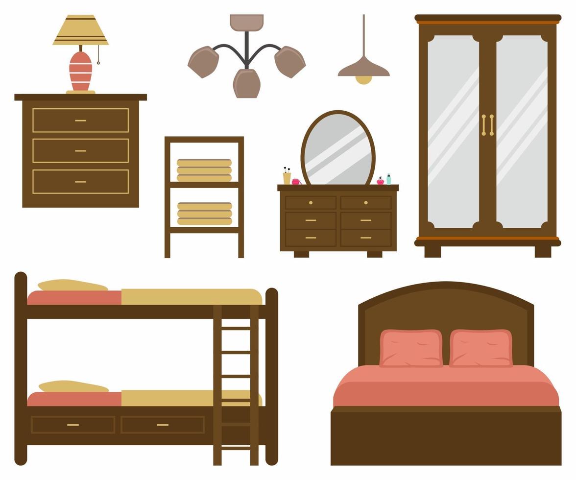 conjunto de iconos y elementos interiores de diseño plano moderno de vector. diseño de muebles para dormitorio. cama, lamparas, mueble, tocador, armario de madera, mesa. ilustración vectorial sobre un fondo blanco vector