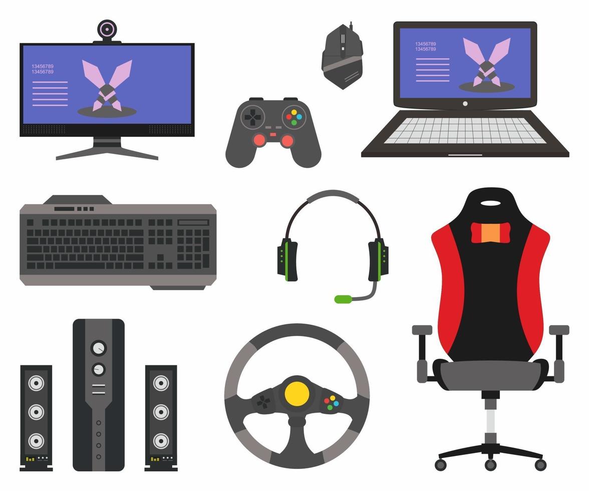 establecer colección de juegos digitales. Surtido de dispositivos e-sport como computadora, auriculares, silla de juego, joystick, teclado, mouse, altavoz de audio, volante y computadora portátil para juegos. iconos planos vectoriales vector