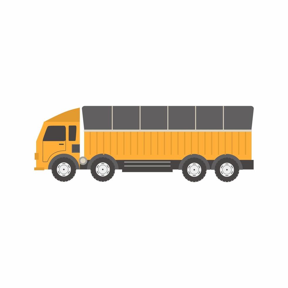 Vector de diseño plano transporte de camiones creativos. Flota de vehículos de logística de entrega con camiones de carga y contenedores. Volquete pesado en personaje de dibujos animados aislado sobre fondo blanco.