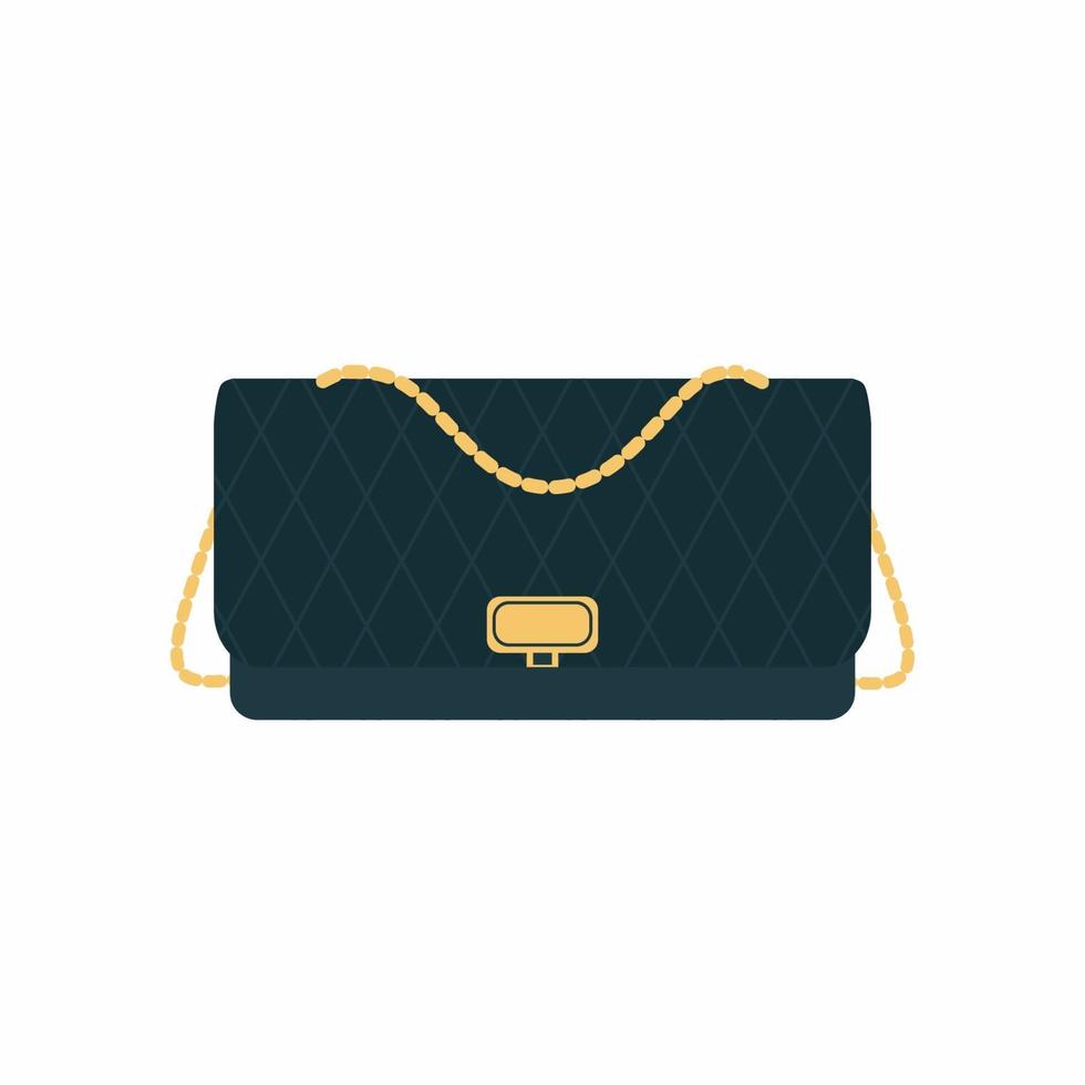 Vector flat icon of Quilted bag. Elegant classy black woman bag with gold chain strap. Fashionable female outfit accessories isolated on white background in cartoon style. Vector illustration
