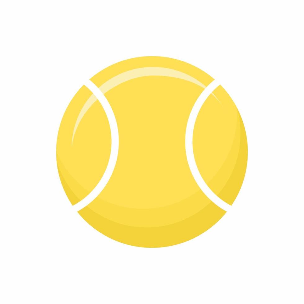 Diseño plano del ejemplo del vector del icono del estilo de la bola de tenis del deporte. Pelota de tenis de color amarillo en estilo de dibujos animados aislado sobre fondo blanco. logo de deporte saludable. símbolo de juego de tenis redondo