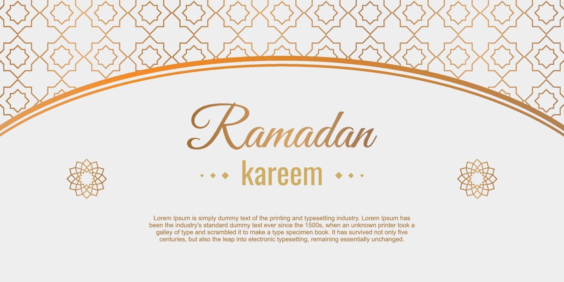Ramadan Kareem with islamic floral design banner. Muslim holiday celebration. Happy Eid Mubarak. Traditional arabesque ornament isolated on white background. Flat cartoon vector illustration.